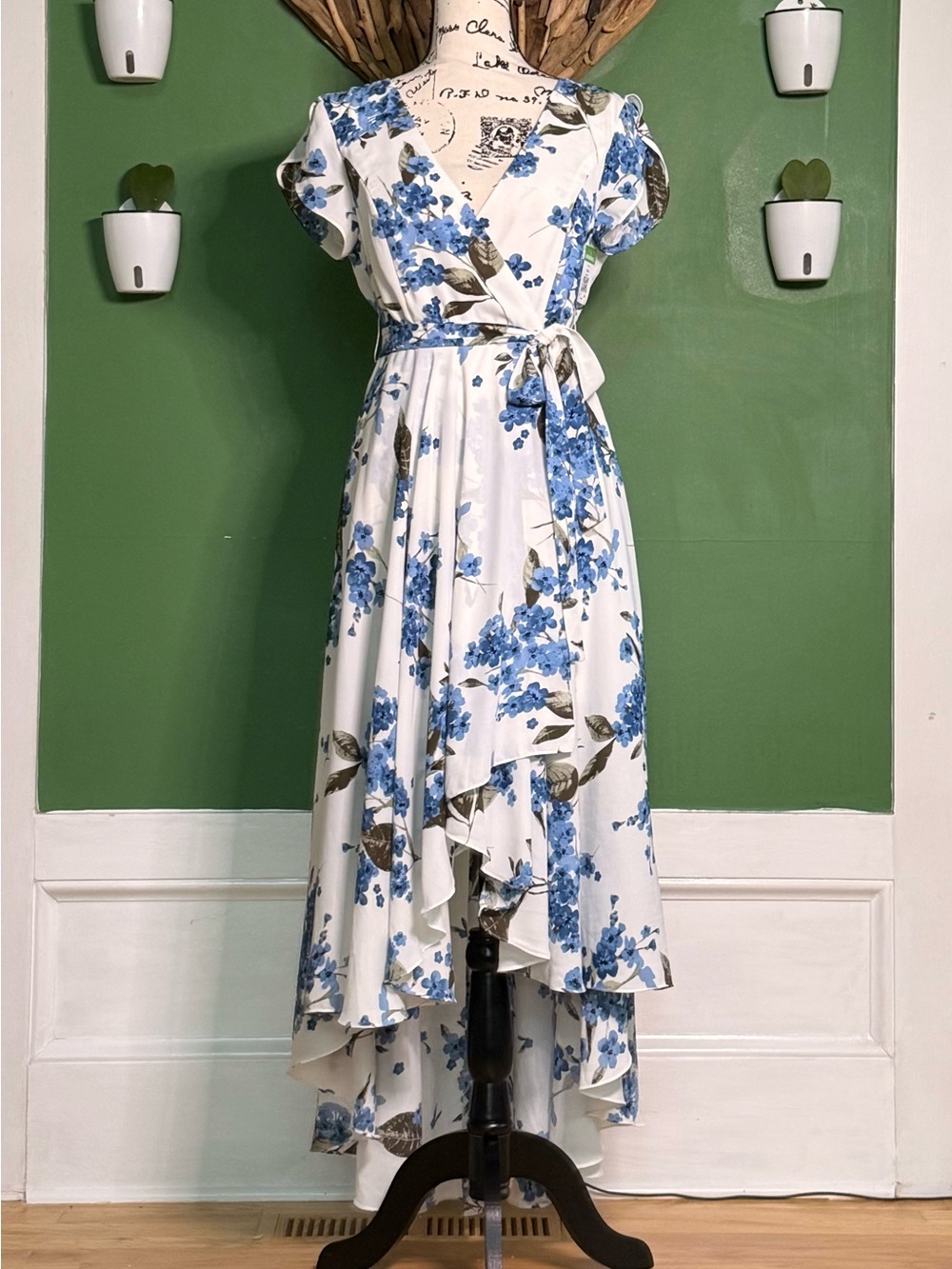 Lulu's White Wrap Dress with Blue Floral Print